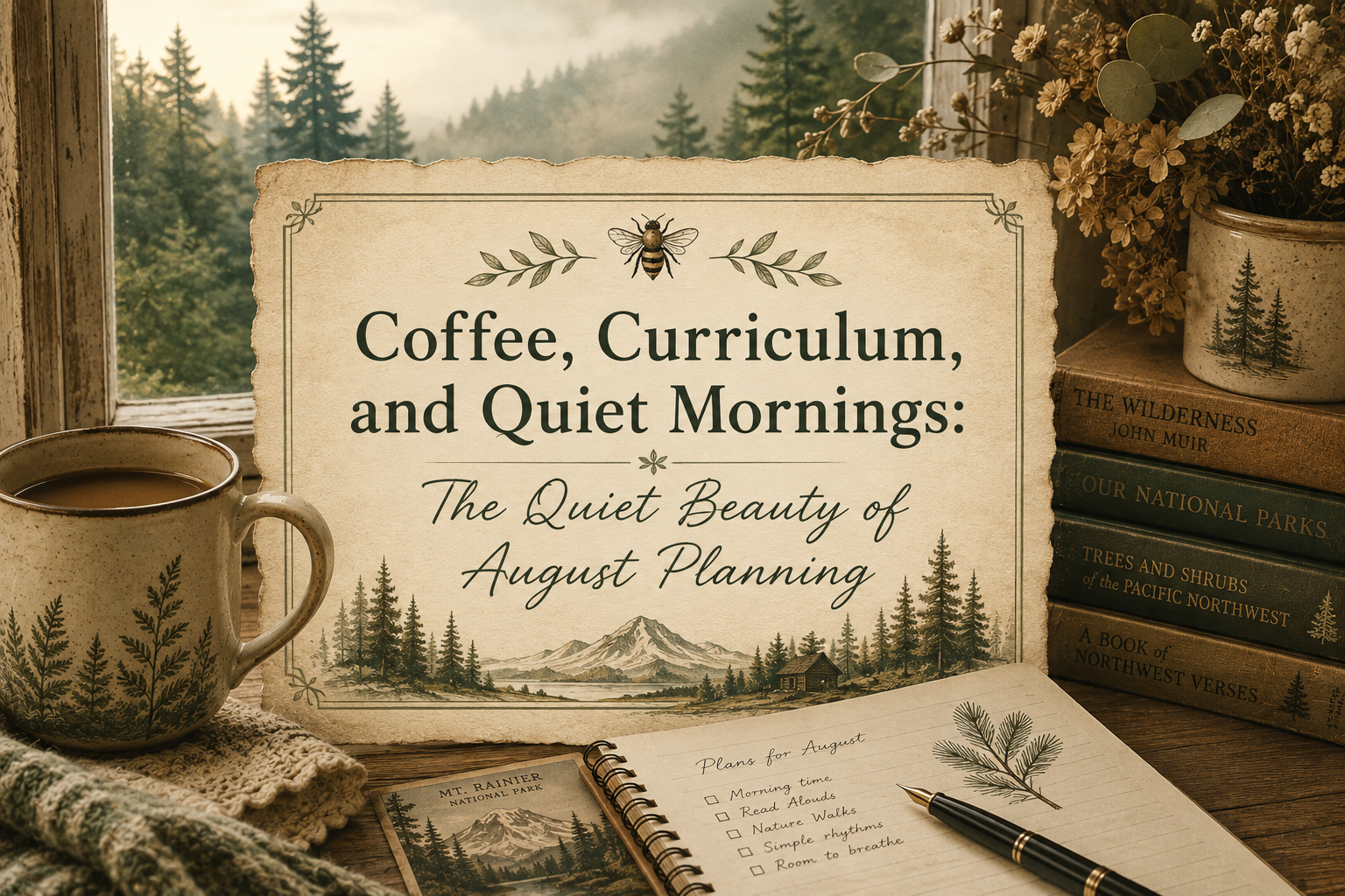 august homeschool planning with curriculum, books, and coffee, on a kitchen table